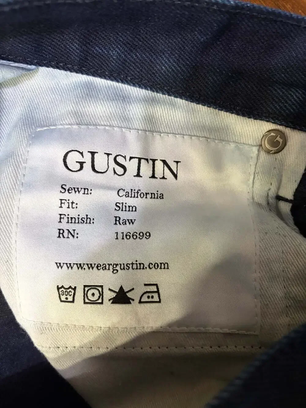GUSTIN Mens Slim Fit Raw Jeans Size 32x32 California Sewn Dark Wash Selvedge